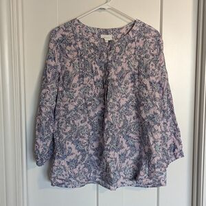 J. Jill Love Linen Pintucked Pink Blue Paisley Long Sleeve Top sz L